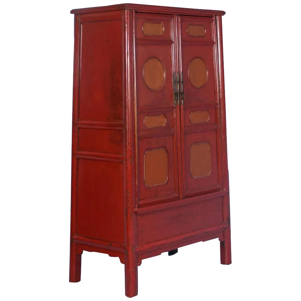 19th Century Antique Lacquered Chinese Cabinet With Original Red