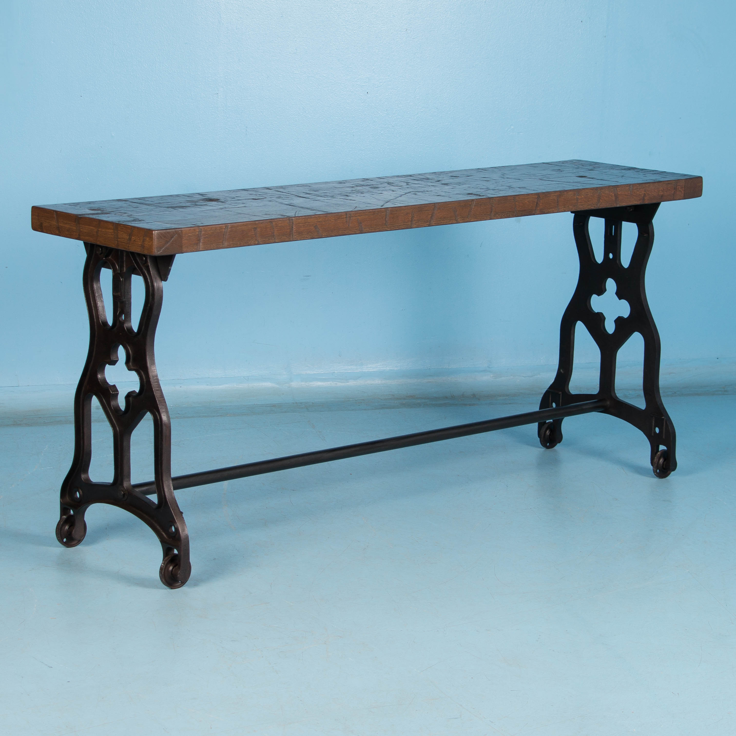 American Oak Console Table With Antique Industrial Cast Iron Legs