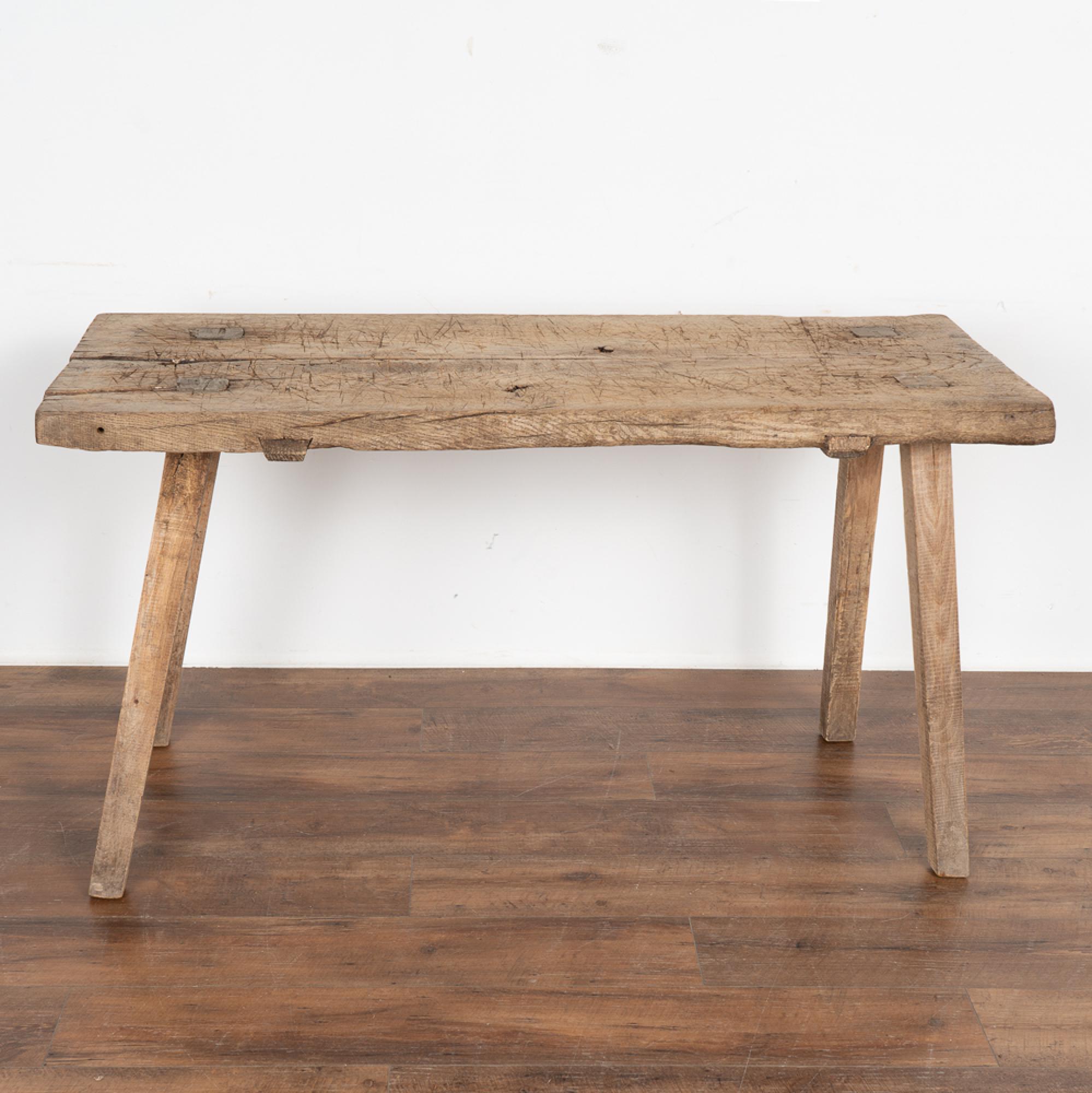 Plank Top Rustic Console Table Old Work Table Peg Splay Legs, Circa 1890